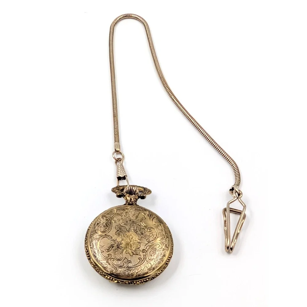 Vintage Train Pocket Watch Gold Tone Steam Engine‎ Snake Chain Steampunk